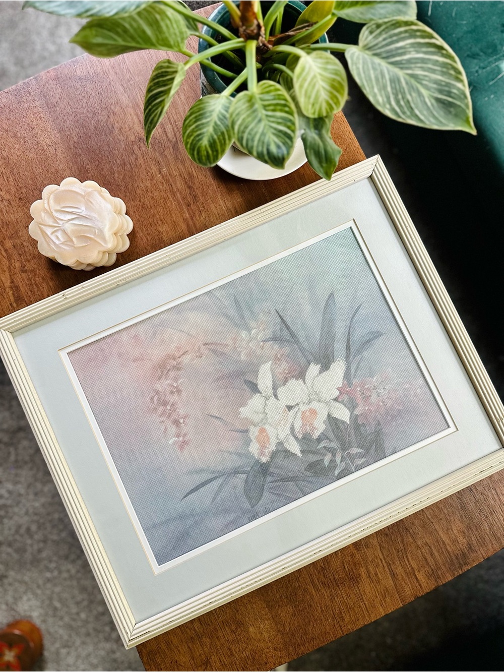 Vintage cross stitch of Lena Liu’s painting White Orchid
